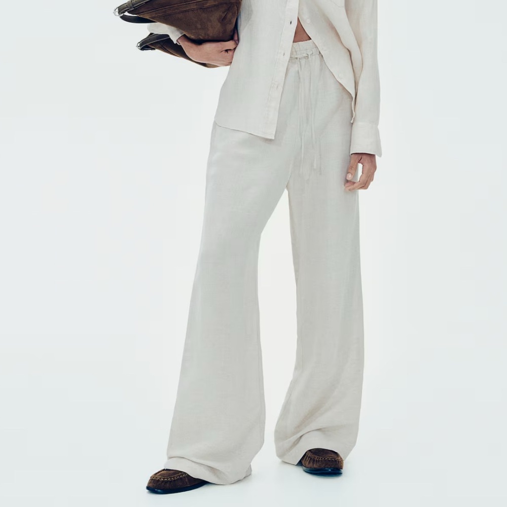 H&M: Linen Blend Wide Leg Slacks with Elastic Waist Size M